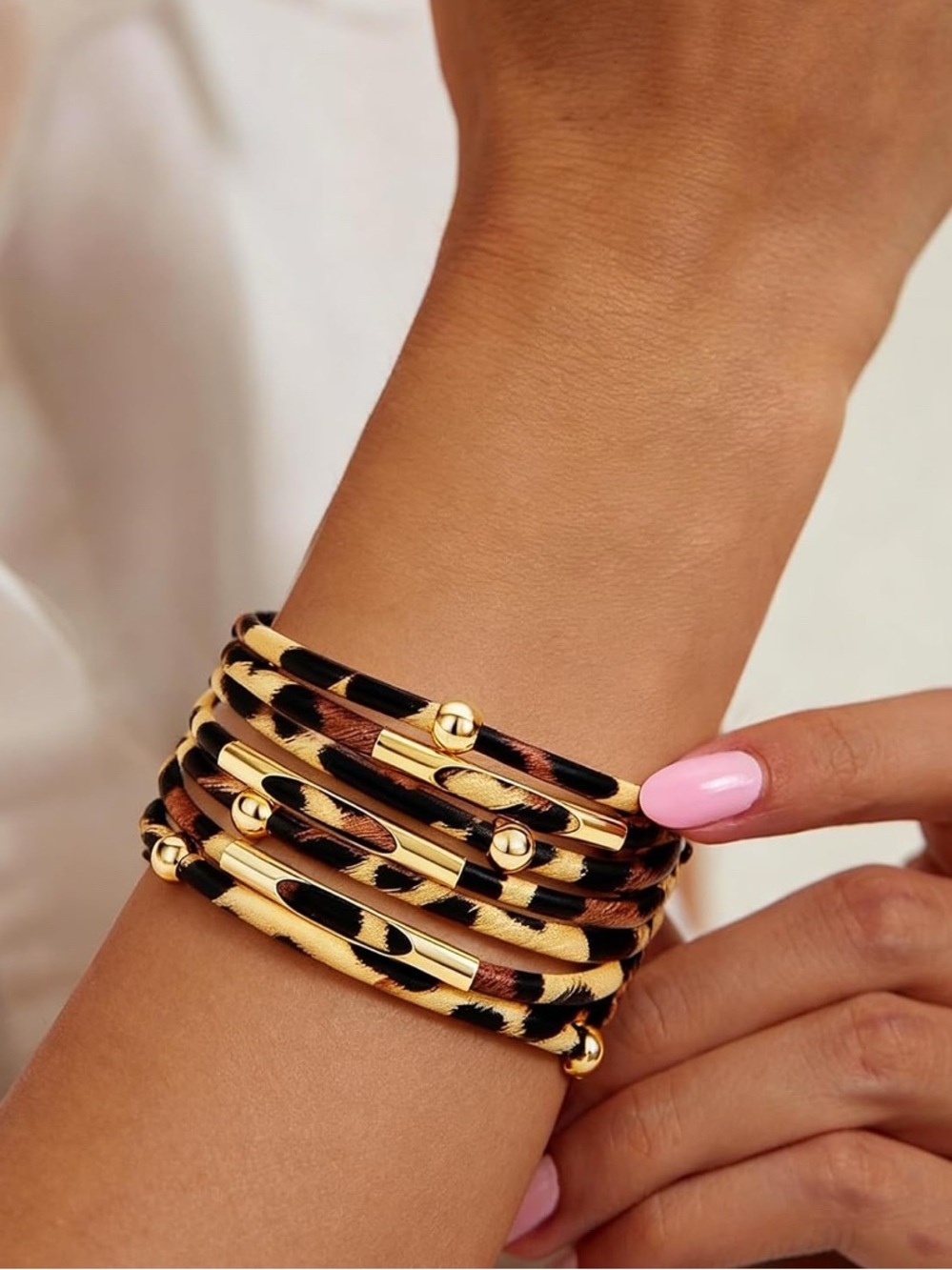 Leopard Print Multi-Wrap Leather Bracelet with Gold Beads B04-03 - Picture 9 of 9